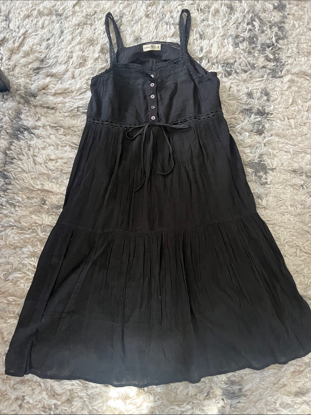 NATURAL LIFE Black Spaghetti-Strap Tiered Midi Dress